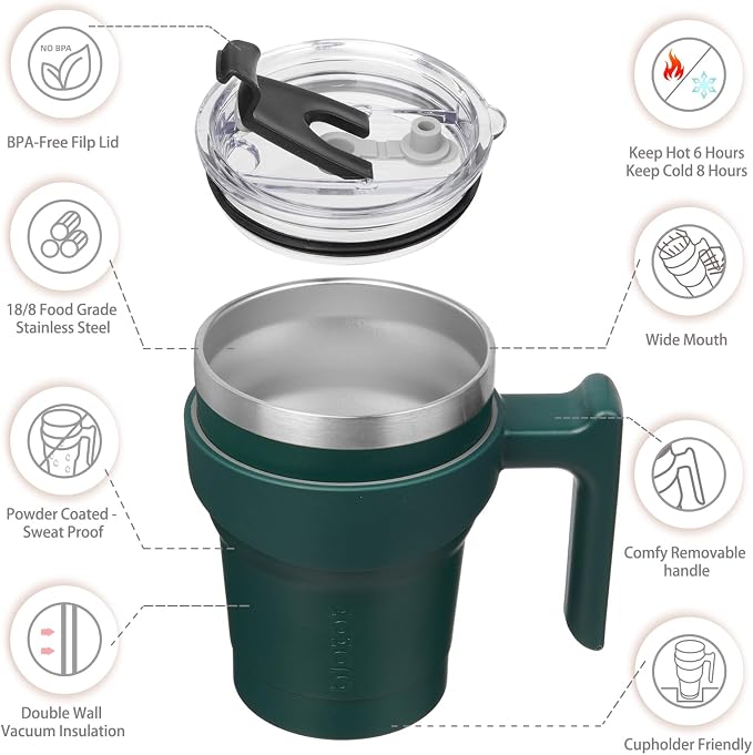 BJPKPK 10 oz Mini Tumbler with Lid, Straw & Handle, Insulated Steel Cup | Small, Spill Proof, Leak Proof, Thermal, Double Wall Vacuum, Sweatproof, Dishwasher Safe, BPA Free, Army Green