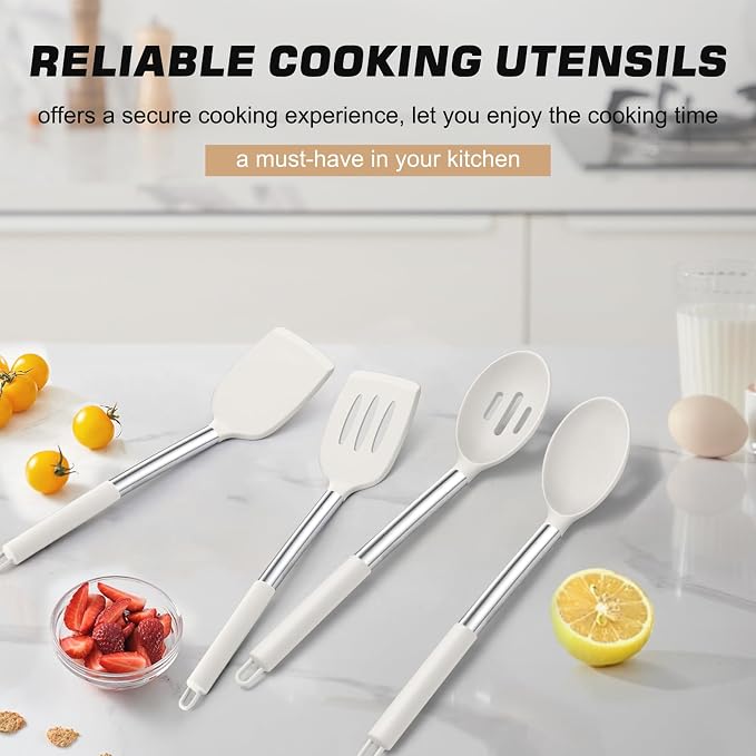 TeamFar Kitchen Utensils, 4 PCS Silicone Cooking Utensils Spatula Spoon Set | with Stainless Steel Handle, for Frying Mixing Draining Turning, Healthy & Heat-proof, Non-stick & Dishwasher Safe - White