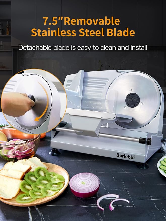 Meat Slicer, 200W Electric Food Slicer with 2 Removable 7.5" Blades | 200W Motor, 2 Removable 7.5" Stainless Steel Blades, Stainless Steel Tray, Child Lock, 0-15 mm Adjustable Thickness