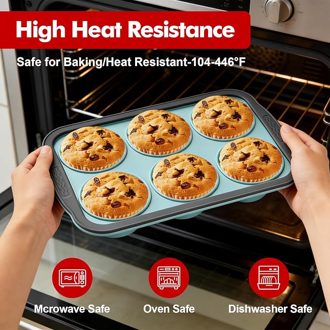 RAYBIN 2 Pack Silicone Muffin Pans for Baking, 6 Cup Nonstick Cupcake Pan | Muffin Tins with Metal Frame, Baking Tray Egg Molds, Easy to Pop, Food Grade, BPA Free, Oven & Dishwasher Safe