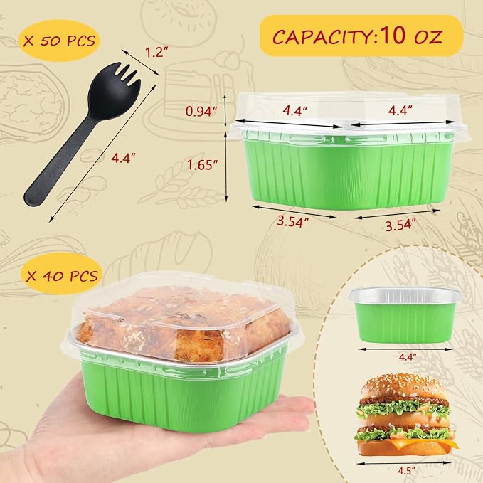 LNYZQUS 10oz Mini Cake Pans with Lids, Small Cinnamon Roll Containers | 40 Pack, Individual, Green, Disposable, Aluminum Foil, Square Baking Tins, 4 Inch Dessert Cups for Bake Sale Treats