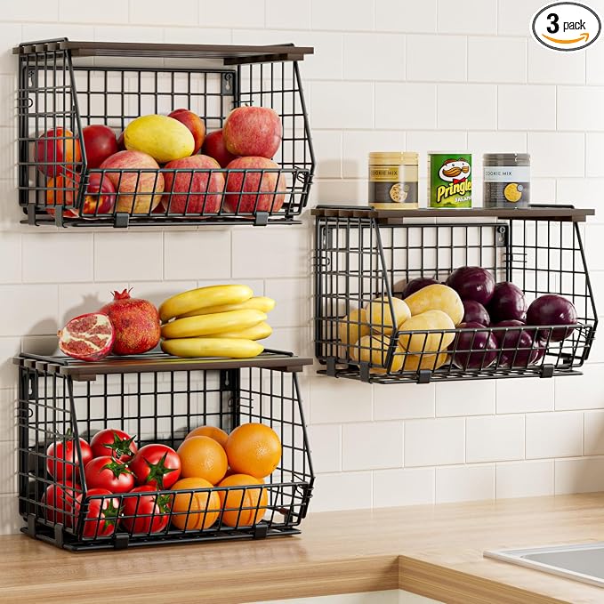 Hanging Fruit Basket for Kitchen, 3 Pack Vegetable Produce Basket | Wall Mounted & Countertop Wire Storage Basket for Potato Onion Fruits Vegetables, Pantry Organizers Storage
