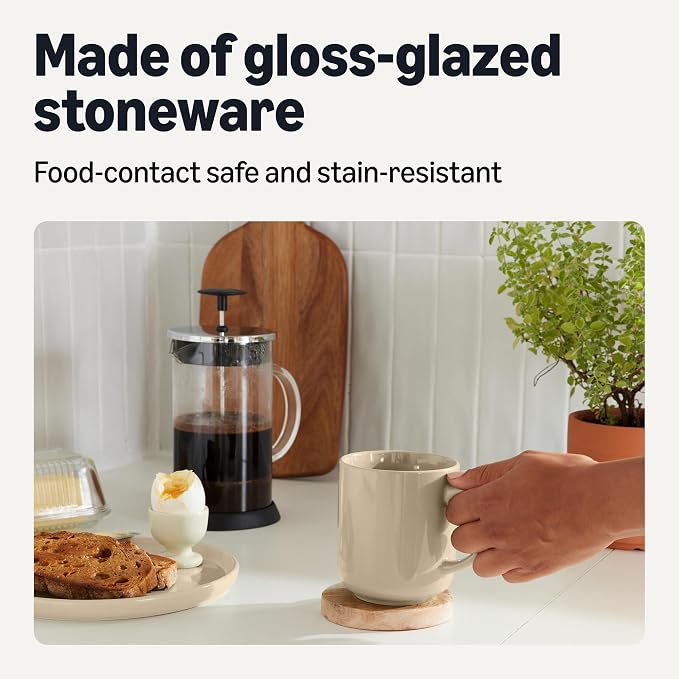 Amazon Basics Stoneware Coffee Mugs, 16 oz, 4-Piece Set, Gloss-Glazed, Stain-Resistant, Microwave, Freezer and Dishwasher-Safe, Linen Gray