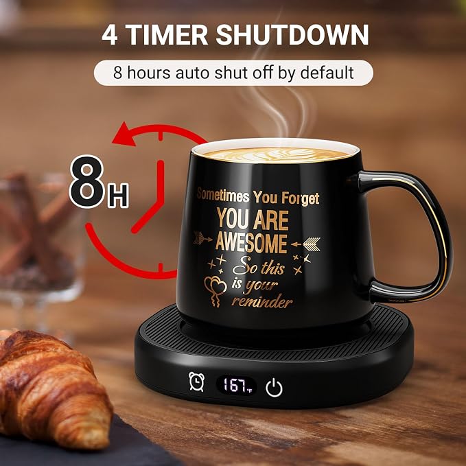 Coffee Mug Warmer & You are Awesome Mug Set, Electric Cup Warmer for Desk | Beverage Warmer Plate for Coffee, Tea, 4 Temperature Setting, 8-Hours Auto Shut Off, 14oz Mug with Spoon & Lid Included