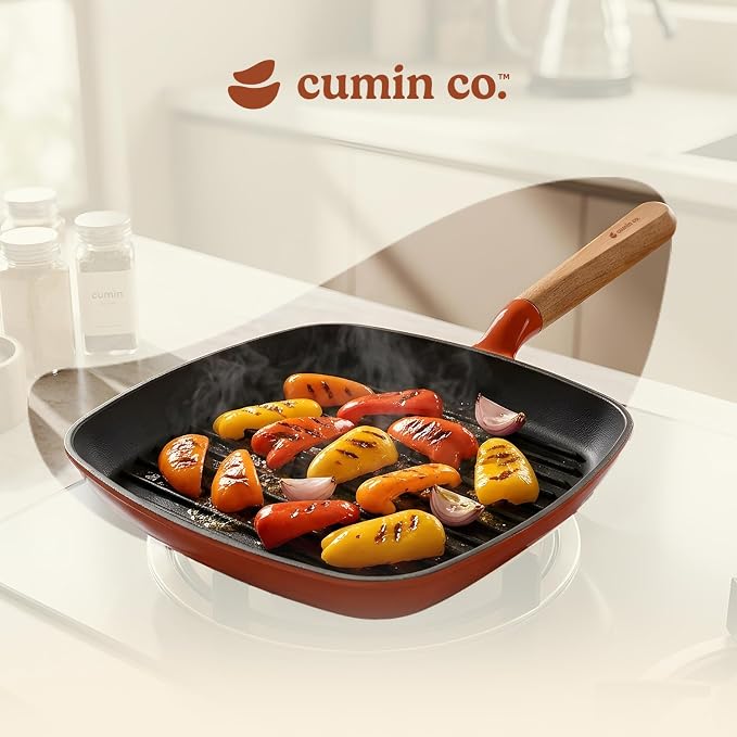 CUMIN CO. Enameled Cast Iron Grill Pan 10 Inch, 1.2 QT Grill Skillet – Non Toxic PFAS Free Cookware – Indoor Grill Pan for Steak, Chicken, Burgers & Vegetables – Induction & Oven Safe (Color: Rust)