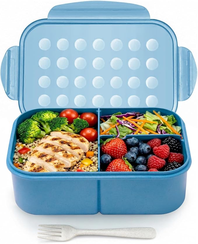 MISS BIG® Large Bento Lunch Box, 1900ml, 3 Compartments, Nile Blue | Nile blue 1900ml adult lunch box for work meals, office meal prep, picnic, travel, and food storage.