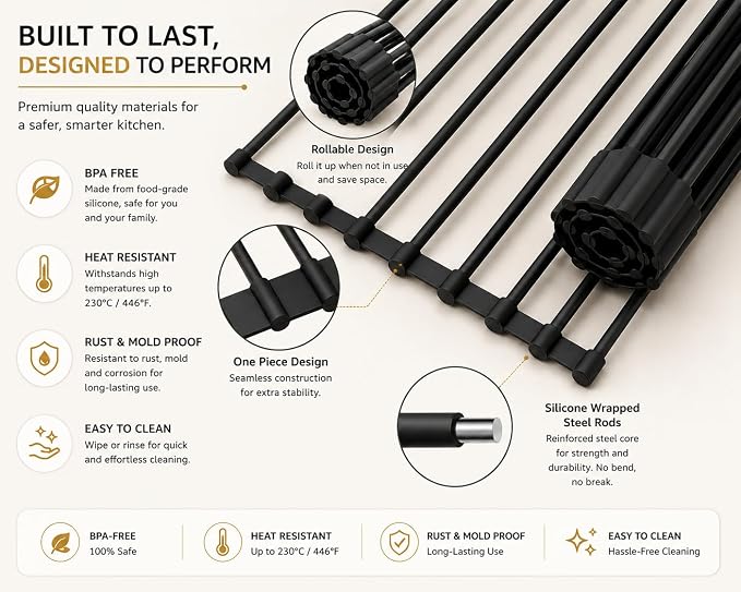 Roll Up Dish Drying Rack for Kitchen Sink, Silicone Wrapped Dish Drainer,Flodable Over Sink Drying Rack,Heat Resistant, Drain Mats, Space Saving, Multipurpose (Matte Black, Large)