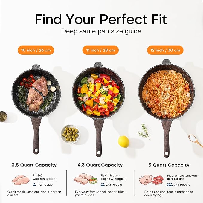 Kordisen Nonstick Deep Frying Pan with Lid, 12 Inch Large Skillet, 5 Qt Non Stick Saute Pan for Cooking, Healthy Induction Cookware, PFOA Free | Large Skillet, 5 Qt, Saute Pan, Healthy Coating, Induction, PFOA Free