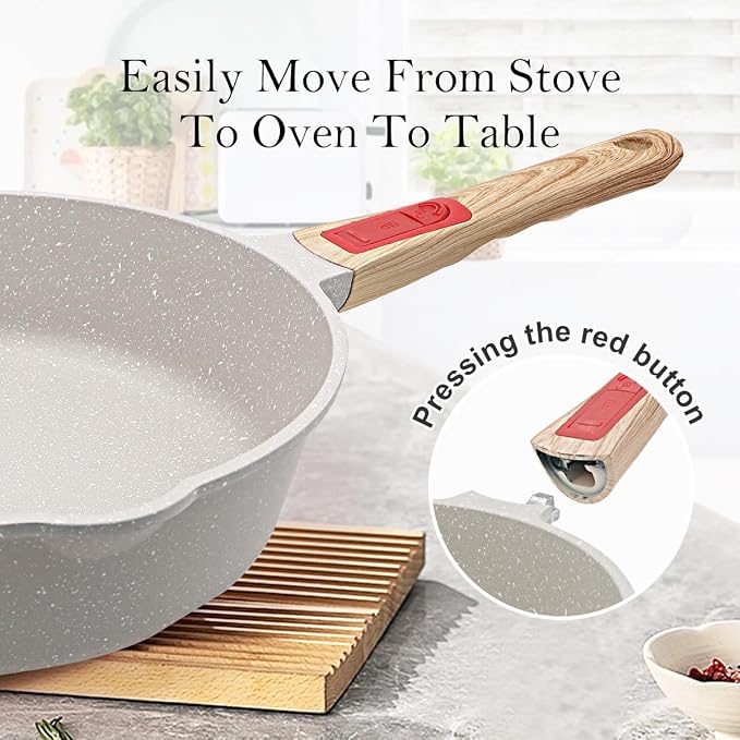 12-Inch Non Stick Deep Frying Pan Skillet with Steamer, 5 QT Nonstick Saute Pan with Lid & Detachable Handle, Induction Cooking Pan, Compatible with All Cooktops, Oven Safe, PFOA Free, White