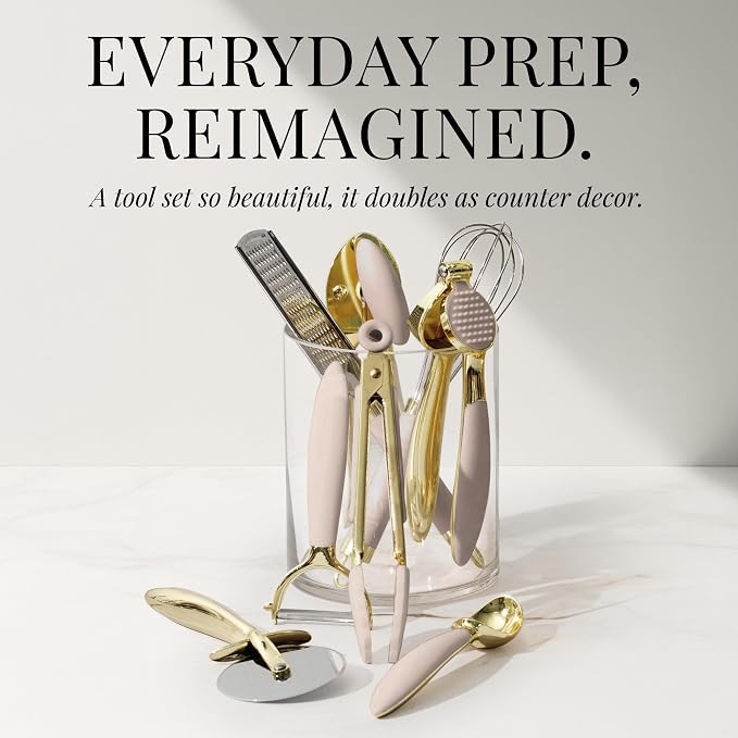 Styled Settings Beige and Gold Kitchen Utensils Set, 8-Piece | Silicone, 8 PC Cooking Gadgets with Mini Gold, Pizza Cutter, Garlic Press, Cheese Grater, Peeler