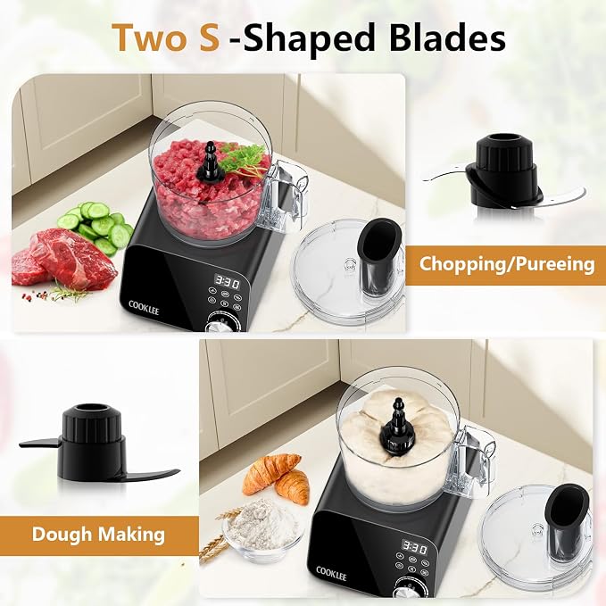 COOKLEE Food Processor, 600 Watts, 6 Functions Electric Vegetable Chopper for Chopping, Mincing, Dicing, Shredding, Slicing, Purees & Dough with 12cup Processor Bowl, Food Chute & Pusher, Black