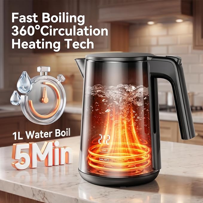 Electric Kettle 1.0L, 1200W Fast Boiling, 7 Temp Settings & 4H Keep Warm | Stainless Steel Inner, BPA-Free, Auto Shut-Off, Water Boiler, Cool Touch Exterior, Tea Coffee Kettle for Home Office, Black