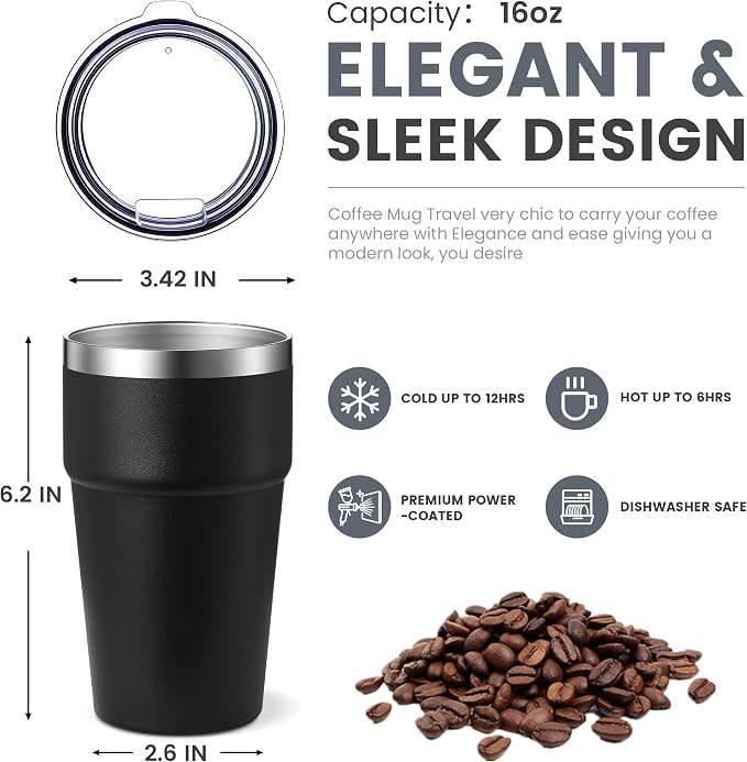 MEWAY 16oz Tumbler Double Wall Vacuum Insulated Travel Mug Bulk, Stainless Steel Tumblers with Lid, Powder Coated Coffee Cups for Cold & Hot Drinks (Black,18 Pack Pack)