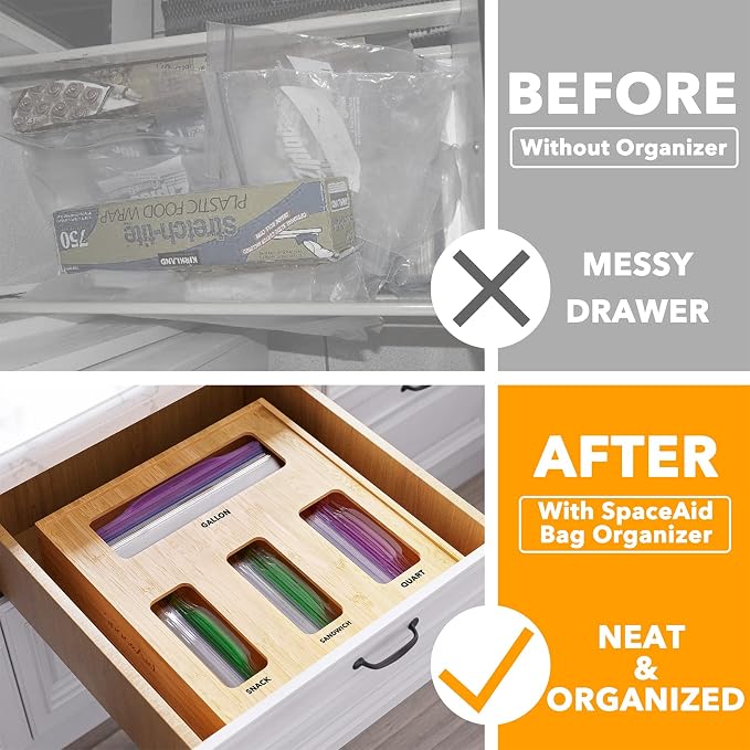 SpaceAid Bag Storage Organizer for Kitchen Drawer, Bamboo Organizer, Compatible with Gallon, Quart, Sandwich and Snack Variety Size Bag (1 Box 4 Slots), 2.5" High