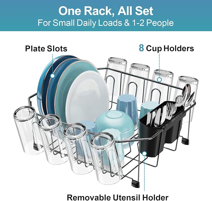 Small in Sink Dish Drying Rack - Stainless Steel for RV Kitchen | Compact Design, Rust-Resistant, Angled Corners Fit Square & Round Sinks, Removable Utensil Holder, Cup Hooks, 13.1"W x 14.4"L