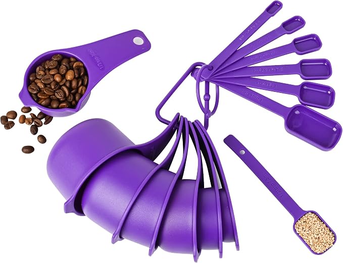 Plastic Measuring Cups and Spoons Set 15, Purple Dry & Liquid 7 Measuring Cups & 7 Measuring Spoons with Leveler, Metric & US Kitchen Measure Cups Spoons for Cooking & Baking