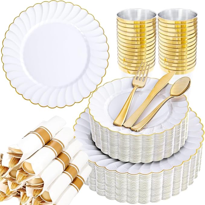 YOUBET 350PCS White and Gold Scalloped Plastic Plates for Wedding Party | White and Gold Disposable Dinnerware Set Include 100 Plates, 150 Gold Silverware, 50 Cups, 50 Napkins