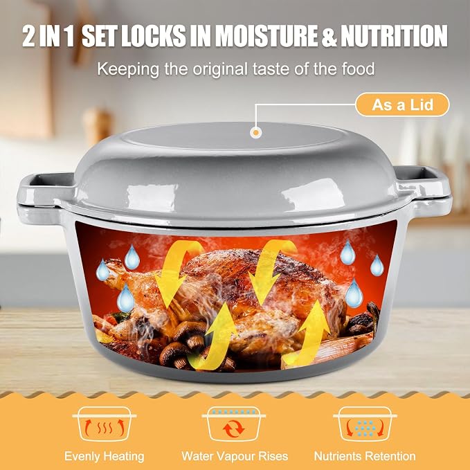 P&P CHEF 2 In 1 Gray Dutch Oven Pot with Lid for Bread Baking, 5Qt | Cast Iron Bread Dutch Oven, Skillet & Pot for Roasting Braising Stewing Frying Simmering, Multi Stoves & Oven Safe