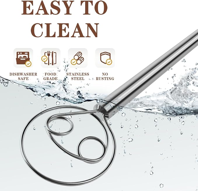 TEEVEA Danish Dough Whisk, Food Grade Stainless Steel for Sourdough Bread | Dutch Dough Hook, Replaces Hand Mixer and Spoon, Bread Baking Tool, Food Grade Rust Resistant Steel, Non-Stick, Easy to Clean