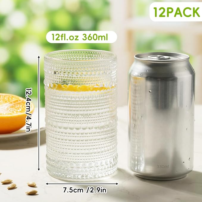 Moretoes 12 Oz Hobnail Drinking Glasses Set of 12 | Clear Highball Glasses Cups Vintage Kitchen Bar Tumbler Glassware Set for Whiskey, Beer, Juice, Milk and Various Mixed Drinks