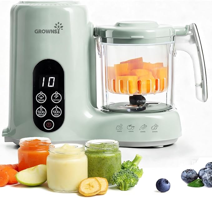 Grownsy Baby Food Maker, Steamer & Blender Baby Food Processor, Green | BPA-Free Elevated Steam Basket, Healthy Homemade Baby Food Purees, Starting Solids & BLW, Baby Feeding Essentials, 6+ Months