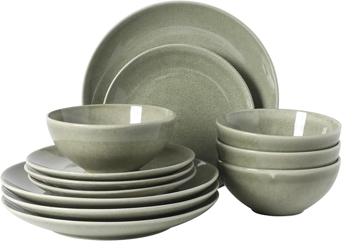 Gibson Elite Castle Peak Plates and Bowls Set, 12-Piece Dinnerware Set, Green Reactive Glaze Stoneware Dishes, Dinner Plates, Salad Plates & Cereal Bowls