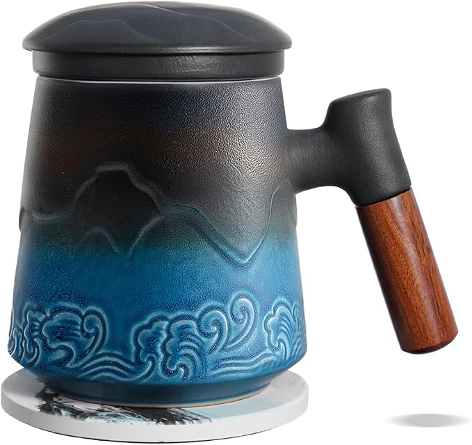ZENS Tea Cup with Infuser and Lid & Coaster for Tea Steeper, 15oz Blue | Embossed Ceramic Tea Infuser Mug for Loose Leaf Tea Difussers, Tea Lovers Gifts, Nature Wood Handle