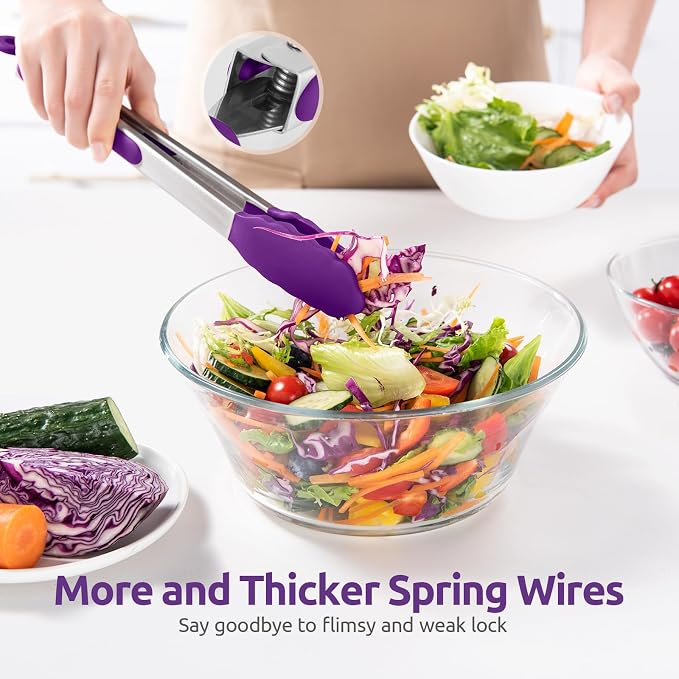 U-Taste Kitchen Tongs for Cooking, 600ºF Heat-Resistant Tps, 2Pcs/Purple | Silicone Tong Set 9/12in, Salad/Grill/BBQ Plastic Tong for Food Serving, Rubber Tipped Tong with 18/8 Stainless Steel Handle