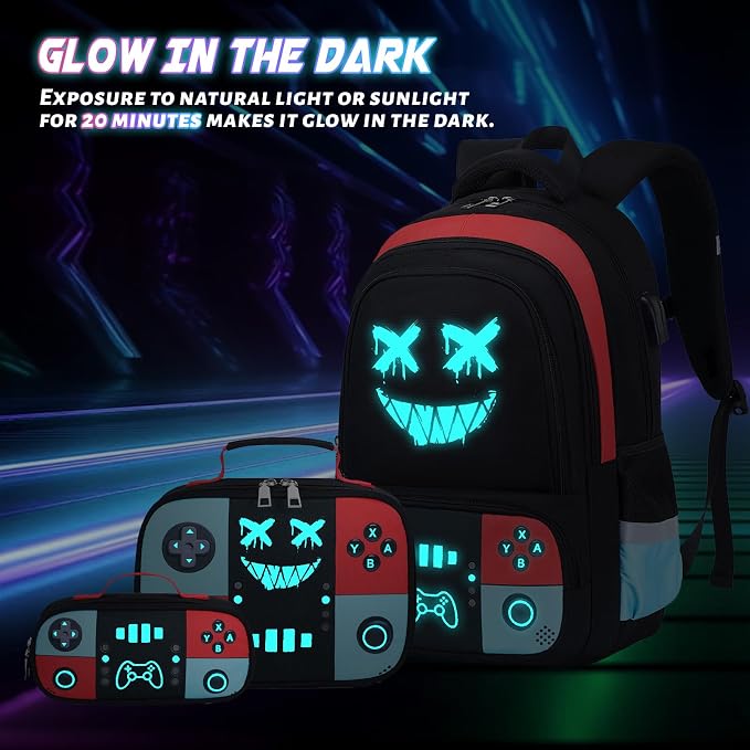 Backpack for School Boys, Cool Luminous Gamer Boys Schoolbag | with Lunch Box & Pencil Case Set for Kids Teens Elementary Middle School, Bookbag Glow In The Dark