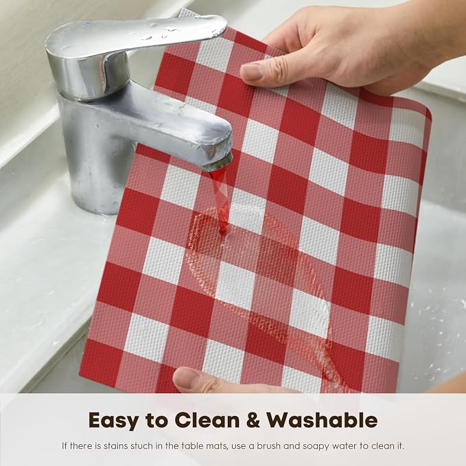 Artoid Mode Buffalo Plaid Vinyl Placemats Set of 6, 12x18 Inch Washable Non-Slip Heat Resistant Plastic Place Mats for Party Dining Table, Red/White