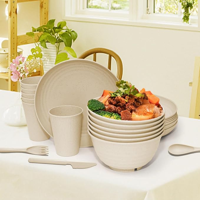 SHECIPIN 42-Piece Wheat Straw Dinnerware Set, Large Round Plates, Bowls and Cups, Unbreakable dish set, Dishwasher and Microwave Safe, Outdoor Dishes (Beige)