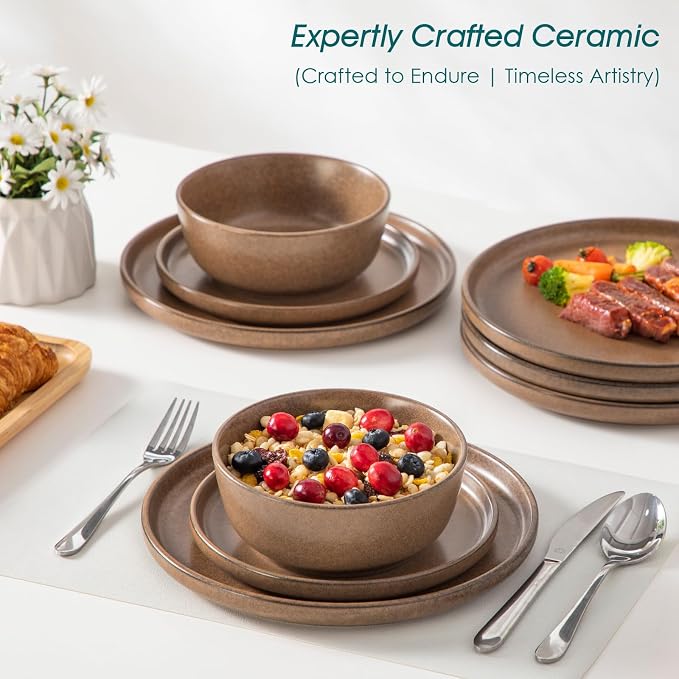 vancasso ZERMATT 18 Pieces Stoneware Dinnerware, Plates and Bowls Set for 6 | Dinnerware Set for 6 in Muted Brown Reactive Glaze Stoneware, Kitchen Dinner Set, Microwave and Dishwasher Safe