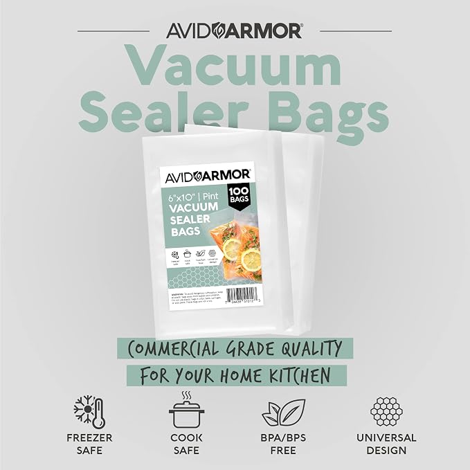Avid Armor Food Vacuum Sealer Bags – 100-Pack, 6x10” Pint Freezer Bags | Clear Food Storage Bags with Deep Embossed Airtight Suction – Heat Resistant, Non-BPA Meal Prep Bags with Easy Tear Notch