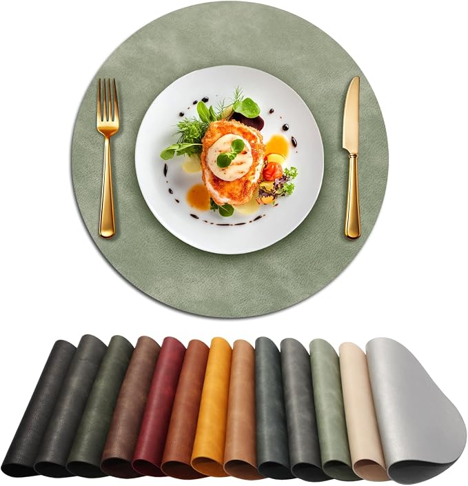 UnivoColors Placemats Round Faux Leather Placemats Set of 4-Waterproof-Wipe Clean-Heat Resistant-Anti Slip Dining Table Place Mats,Suitable for Indoor & Outdoor Use,15".Retro Green