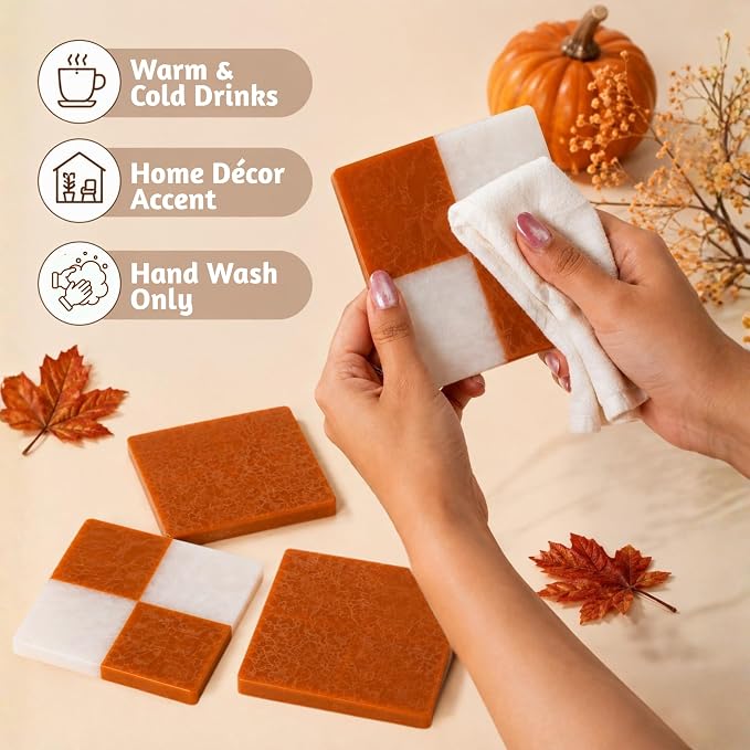 Folkulture Cute Fall Coasters, Set of 4, Non Slip, Easy to Clean - 4 Inch | Waterproof Drink Coaster for Fall Decorations, Boho, Coaster for Farmhouse, Checkered Rust, Coffee Table