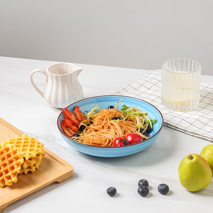 KitchenTour Large Pasta Bowls, 34 Ounce Ceramic Salad Bowl Plates, Set of 6 | Dinner Plate Bowl Set, 8.6 Inch, Wide and Shallow for Soup, Dishwasher and Microwave Safe, Ocean Swirl