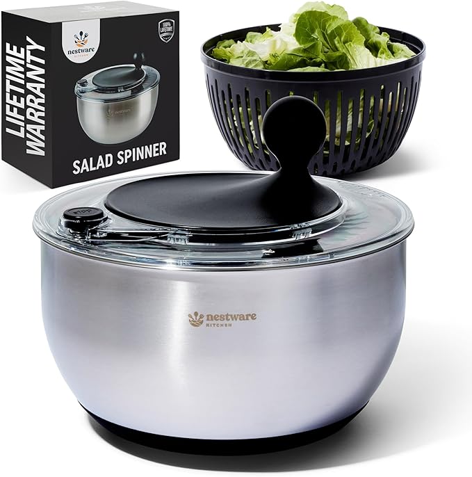 Stainless Steel Salad Spinner Large, 5.3 Qt - Lettuce, Vegetable & Fruit Washer & Dryer with Quick-Stop Brake Button, Colander Basket & Non-Slip Base (304 Stainless Steel - Black)