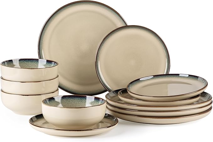 GBHOME Dinnerware Sets for 4, 12 Pieces Ceramic Plates and Bowls Set | Scratch Resistant Stoneware Dishes Set, Dishwasher & Microwave Safe, Reactive Glaze-Pale Khaki