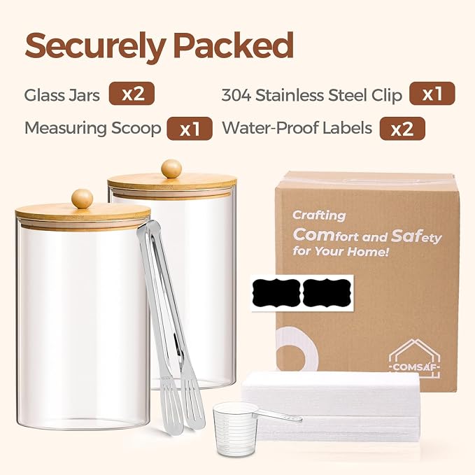 ComSaf Glass Storage Jars with Bamboo Lids 3.9 Qt 2 Pack Large Pantry Round | Flour sugar coffee beans, Pasta cereal dry food, Large capacity, Kitchen storage, Cabinet organization,Clips included