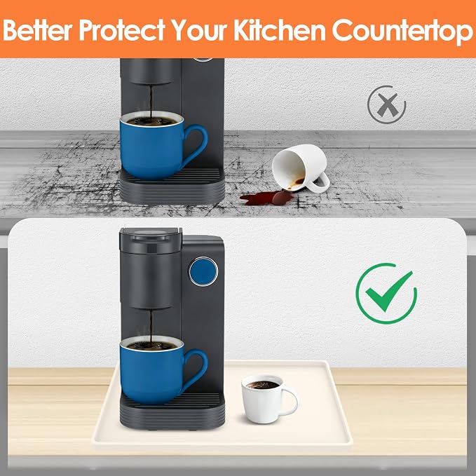 Silicone Coffee Maker Mat with Lip for Countertops 15.7''x11.8''Cream White | Multi leak-proof coffee tray for countertop, non-slip silicone mat fits most coffee makers & espresso machines, wipe-clean