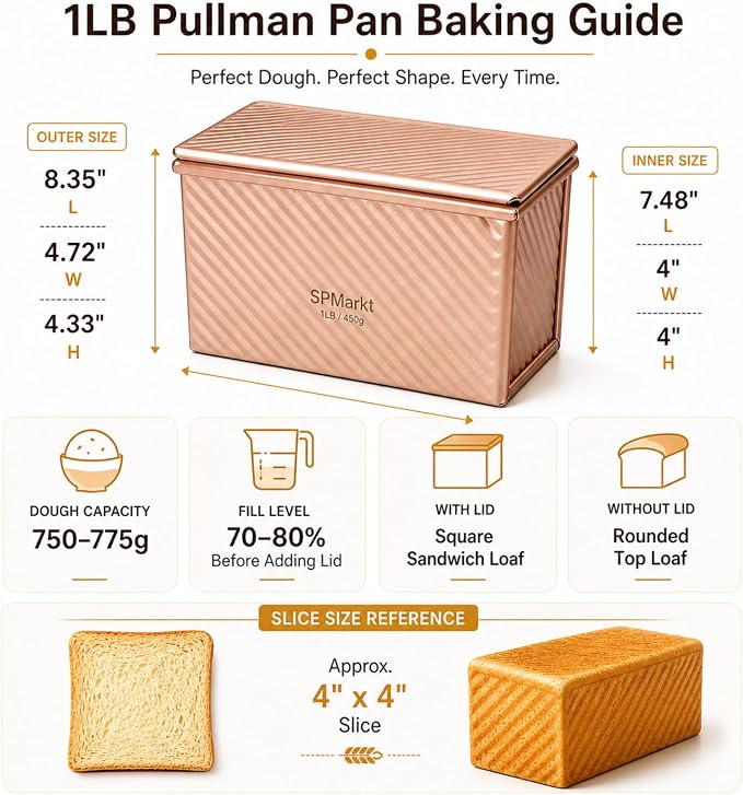 Pullman Loaf Pan with Lid, Aluminized Steel 1 Lb Nonstick Sandwich Bread Pan for Homemade Bread, 8.4x4.8 Inch Professional Rectangular Loaf Pan with Dough Scraper and Cutter