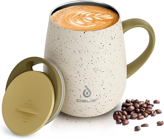 Ideus 16 oz Insulated Coffee Mug with Handle and Lid, Double Wall Stainless Steel Vacuum Thermal Coffee Mug, Travel Coffee Cup Thermal Cup for Home and Office, Eggshell Yellow