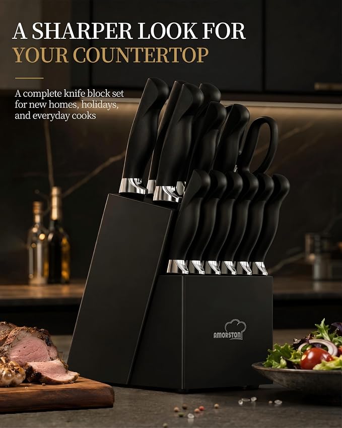 Knife Set 15 Piece Kitchen Knife Set with Block | Built in Sharpener, German Stainless Steel, Dishwasher Safe, Black Kitchen Knives Complete Set, For Home Cooking & Gifting