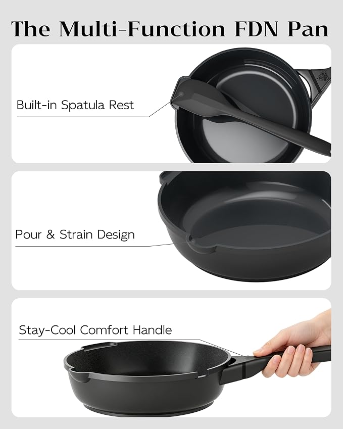 FDN 8" Ceramic Non Stick Frying Pans With Lid, Titanium Pans for Cooking, Non-Toxic PFAS-Free, Induction & Oven-Safe Cookware, Black For Daily Cooking