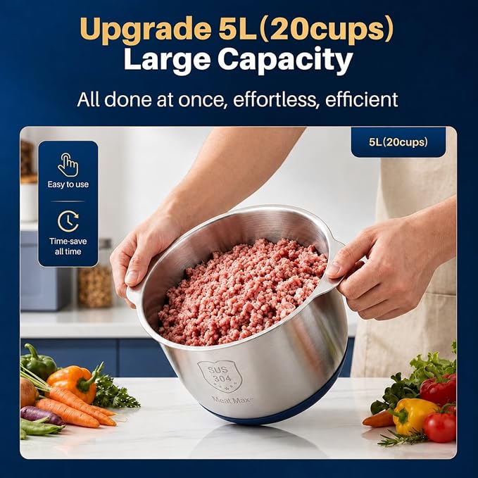 Food Processor,5-Speed Electric Food Chopper,Meat Grinder 5L(20Cups) with Two 6-Blade Sets,500W Powerful Vegetable Chopper Used for Dough Mixing,Meat, Nuts, Fruits, Garlic and Vegetables