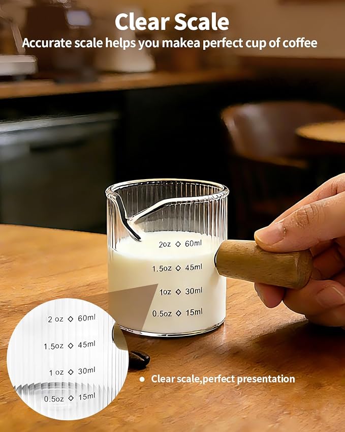 Espresso Measuring Cup 2 OZ, Espresso Glass Cups with Wood Handle, Milk Frothing Cup, Espresso Cup for Coffee, Milk, Tea or Maple Syrup Serving (Transparent, 2 oz)