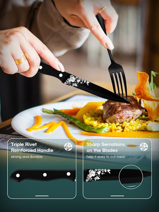 Stapava 24 Pcs Black Silverware Set with Steak Knives for 4, Stainless Steel Flatware Cutlery Set, Include Forks Spoons and Knives set, Mirror Polished, Dishwasher Safe Utensils for Home Restaurant