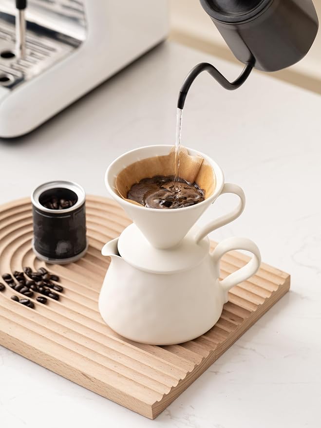 Pour Over Coffee Maker,Ceramic Coffee Maker With 40 pcs Paper Filter，15oz/450ml Ceramic Pour Over Coffee Dripper（Off White）