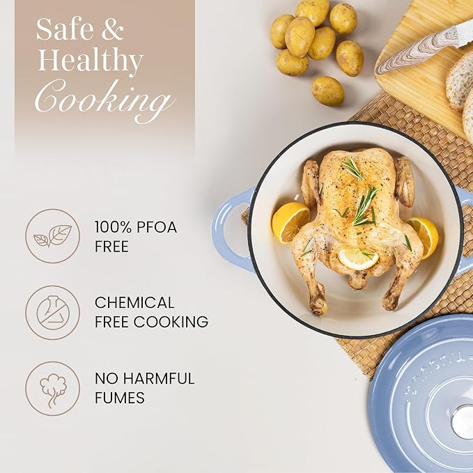 Nuovva Enamelled Cast Iron Dutch Oven Pot with Lid 6.4 Quart Non Stick Casserole Pot-Heavy Duty & Oven Safe up to 500° F for Bread Baking, Braising, Stews, Roasting - 28cm Coastal Blue