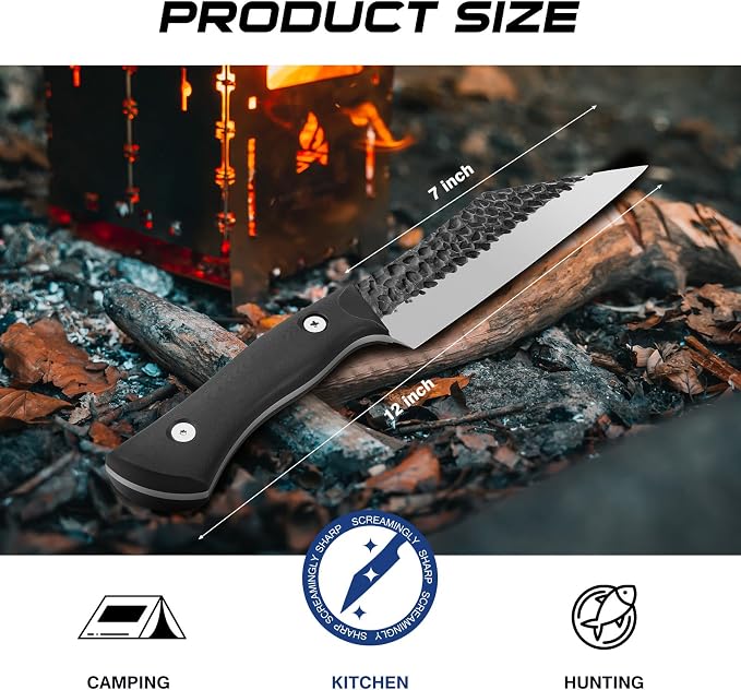 FINTISO Chef Knife 7 Inch, Boning Knife with G10 Handle, Sharp Viking Knife | Professional Butcher Knife with Ergonomic Full-Tang Handle, Japanese Kitchen Knife for Home, Camping & BBQ